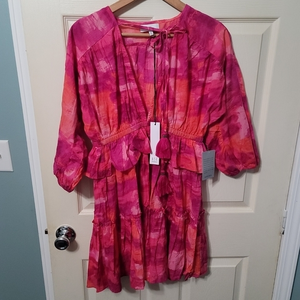 NWT NSR Nordstrom Fuchsia Orange‎ Dyed Cotton Peasant Dress Womens Size M.